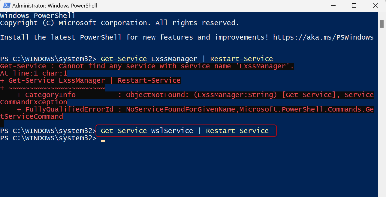 "Get-Service WslService | Restart-Service" command in PowerShell.