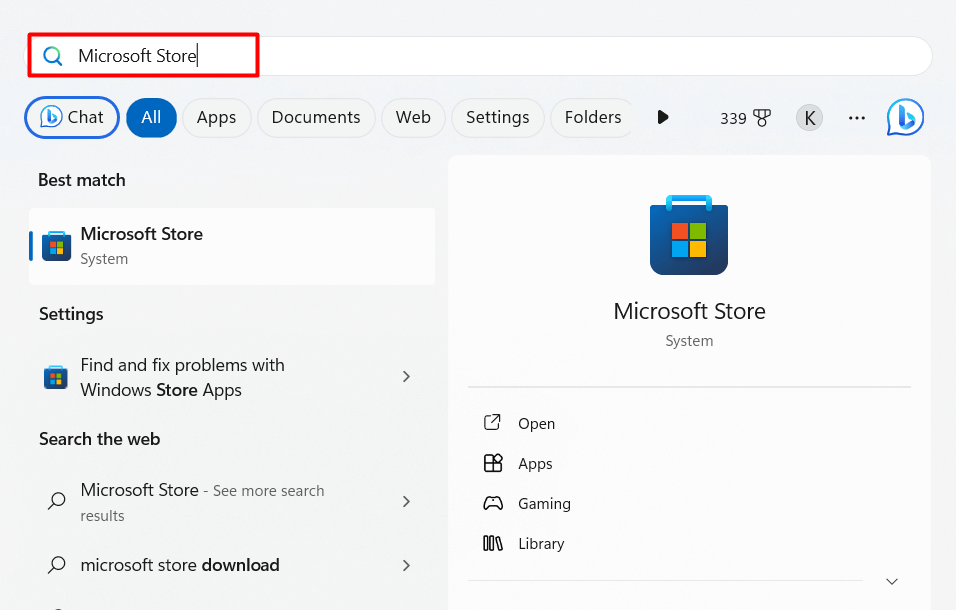 "Microsoft Store" highlighted in Start menu.