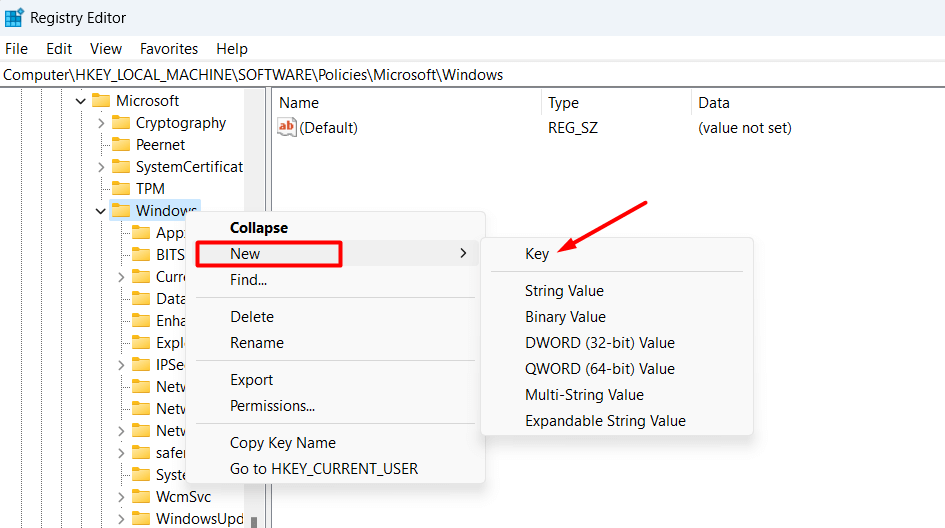 New > Key highlighted in Registry Editor.