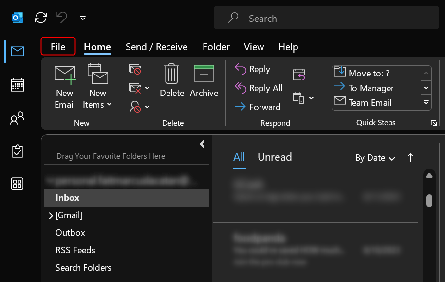 "File" highlighted in Outlook.