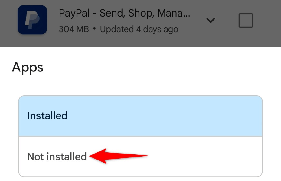 "Not installed" highlighted in the "Apps" menu.
