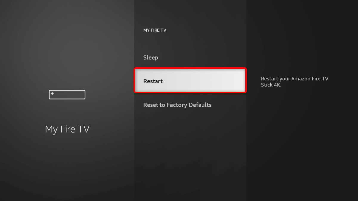 "Restart" highlighted in the "My Fire TV" menu.