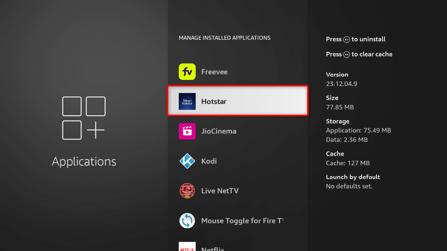 Hotstar highlighted in Fire TV Stick Settings.
