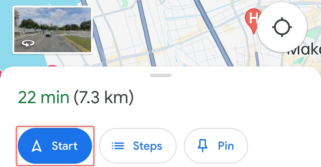 "Start" highlighted for a journey in Google Maps.