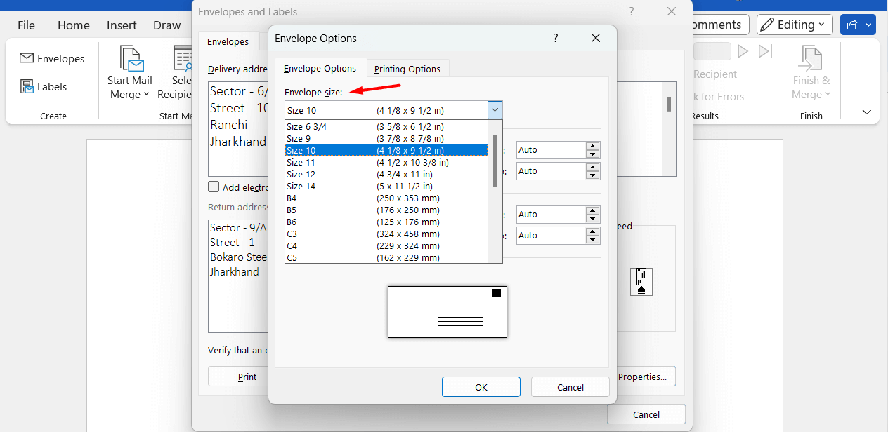 "Envelope size" drop-down menu highlighted on the "Envelope Options" window.