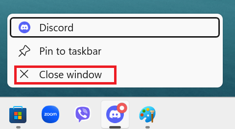 "Close window" highlighted for Discord on Windows taskbar.