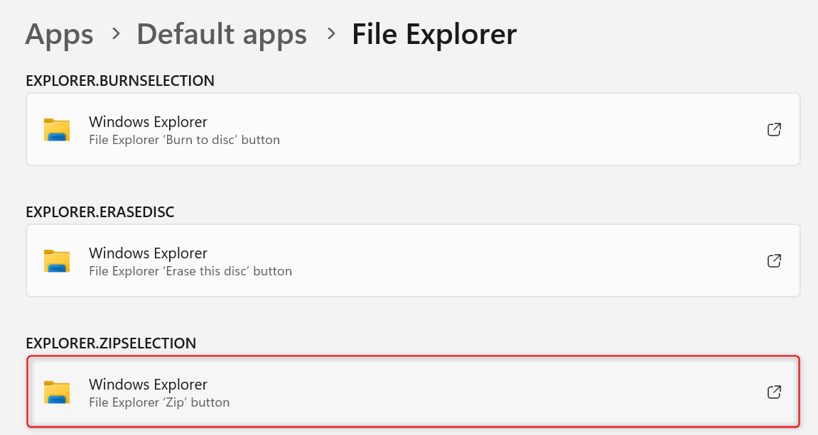 "Windows Explorer" highlighted in Windows Settings.