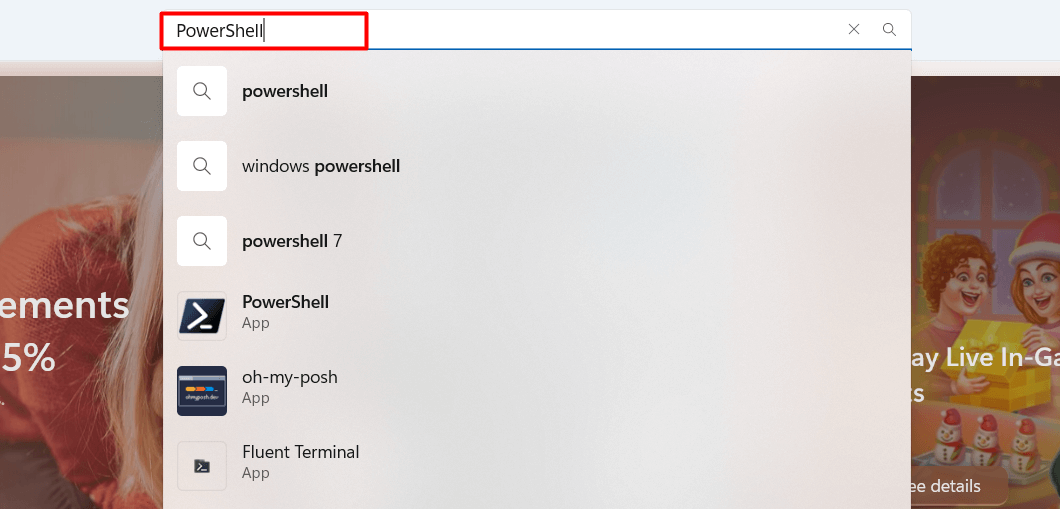 "PowerShell" typed in Microsoft Store's search box.