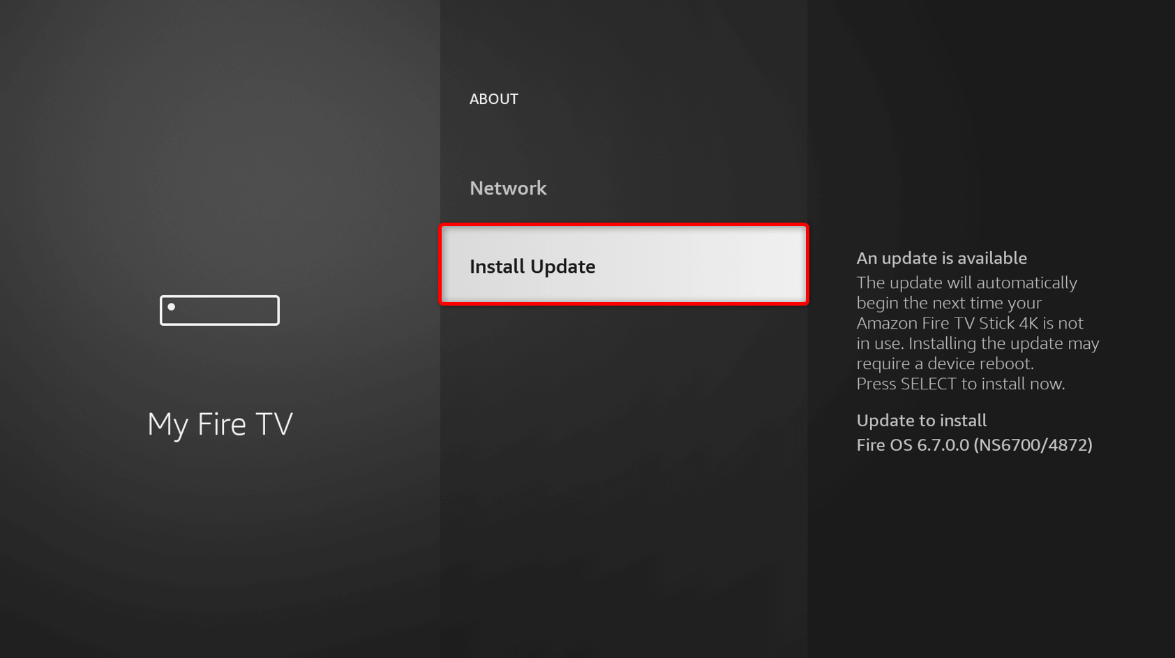 "Install Update" highlighted in Fire TV Settings.