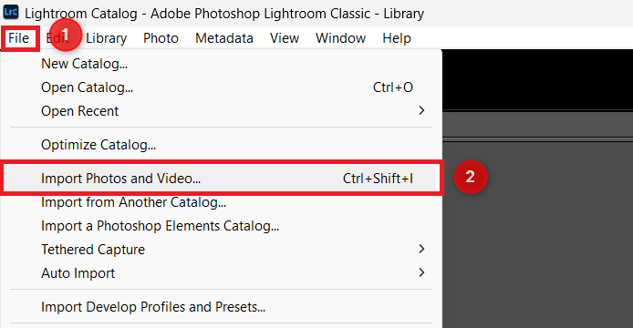 File > Import Photos and Videos highlighted in Lightroom.