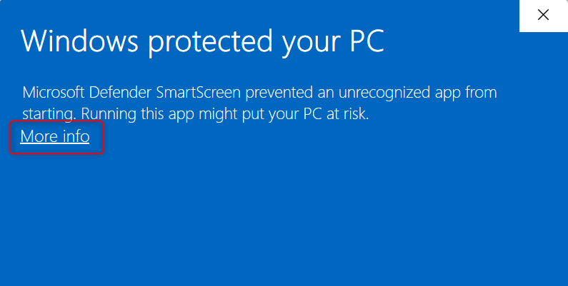 "More info" highlighted on the Microsoft Defender SmartScreen window.