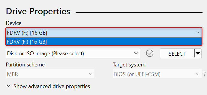"Device" drop-down menu highlighted in Rufus.