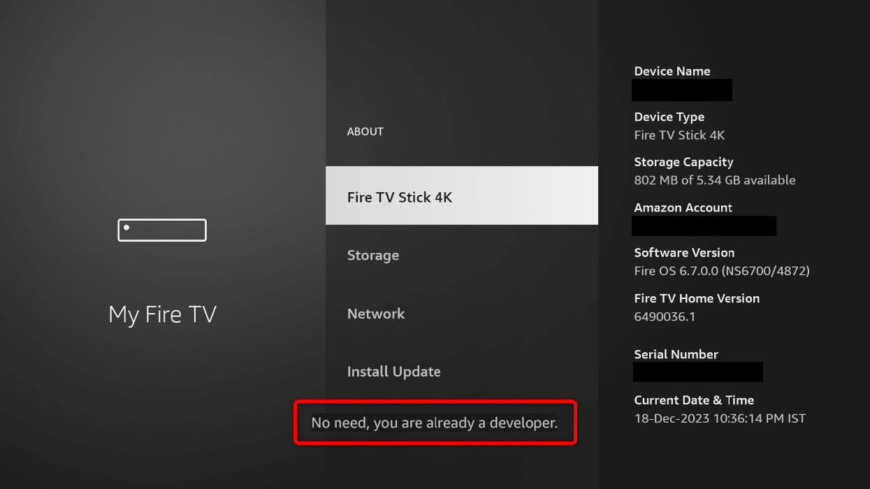 "No need, you are already a developer" message in Fire TV Stick Settings.