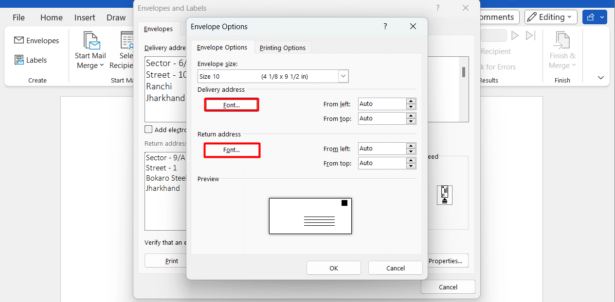 "Font" highlighted on the "Envelope Options" window.