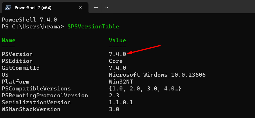 PowerShell 7 version displayed using the "$PSVersionTable" command.