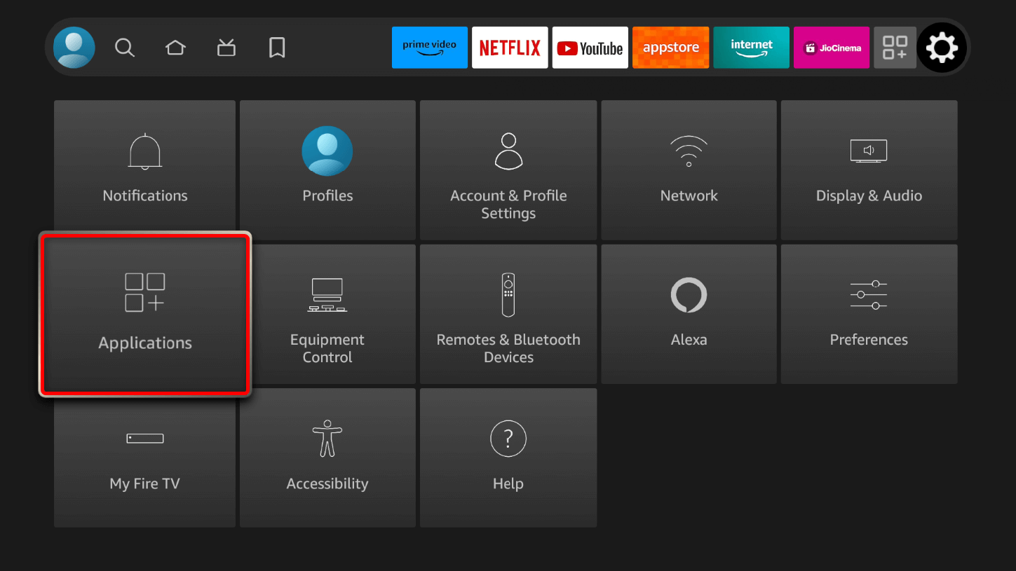 "Applications" highlighted in Fire TV Stick Settings.