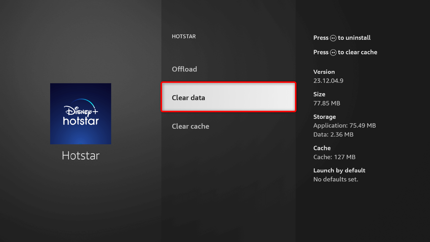 "Clear data" highlighted for Hotstar in Fire TV Stick Settings.