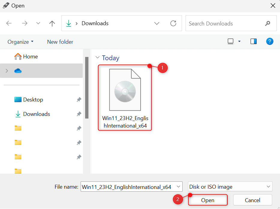 Windows 11 ISO and "Open" highlighted in File Explorer.