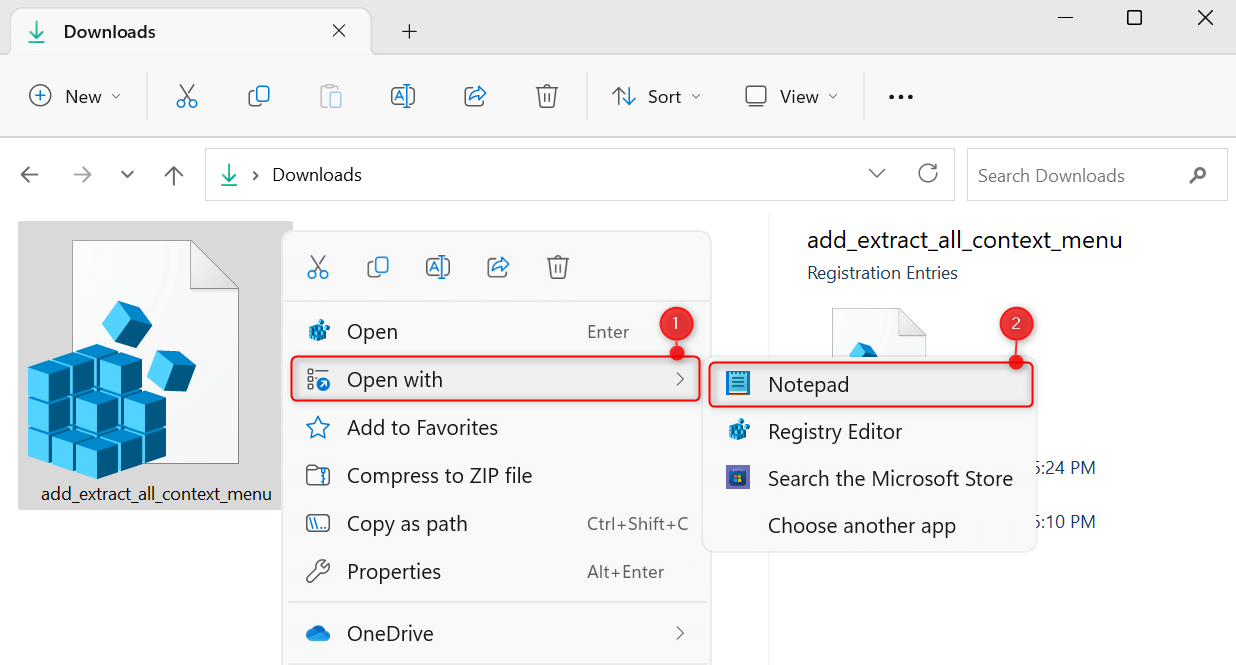 Open with > Notepad highlighted in File Explorer.