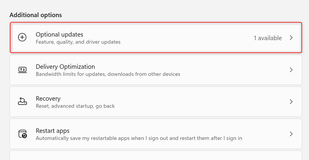 "Optional updates" highlighted in Windows 11 Settings.