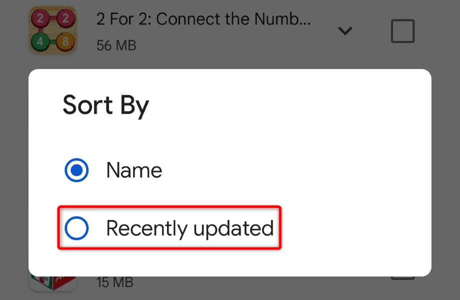 "Recently updated" highlighted in the "Sort By" menu.