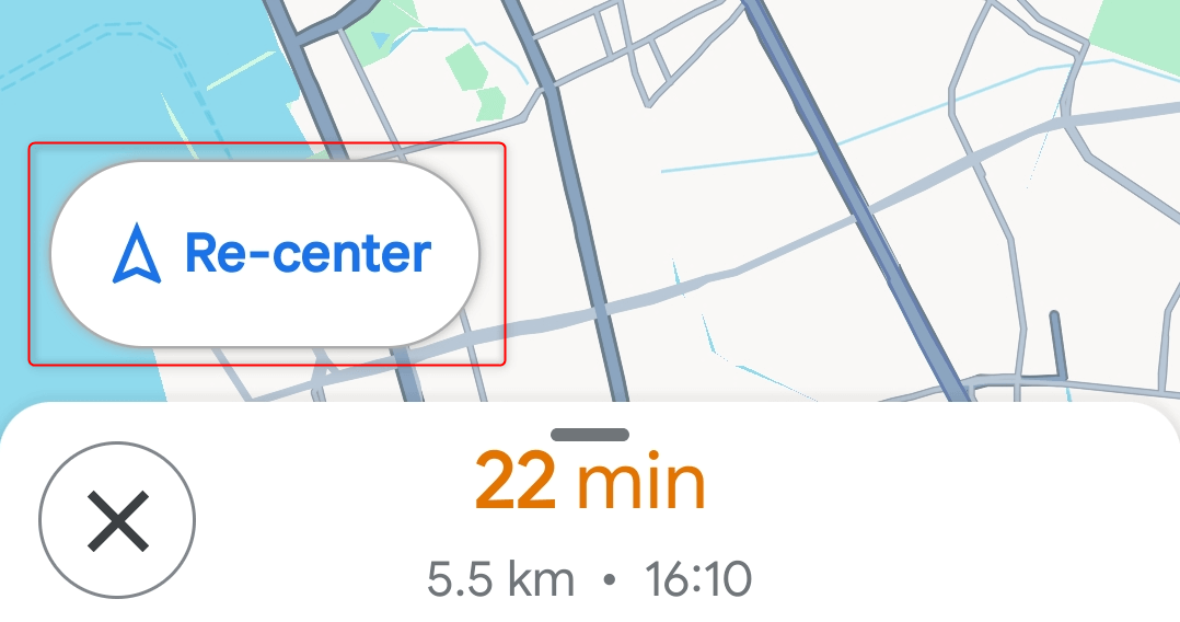 "Re-center" highlighted in Google Maps.