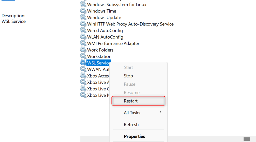 "Restart" highlighted for "WSL Service" in Services.
