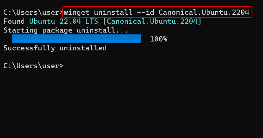 "winget uninstall" command in Command Prompt.