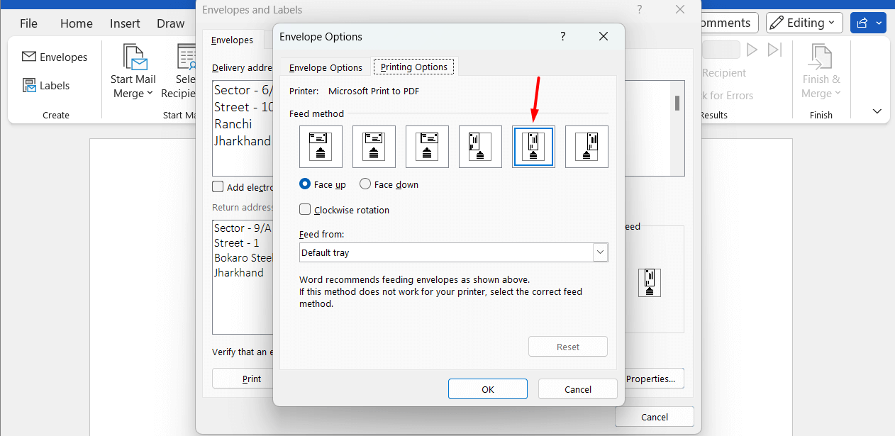 A feed method highlighted on the "Envelope Options" window.