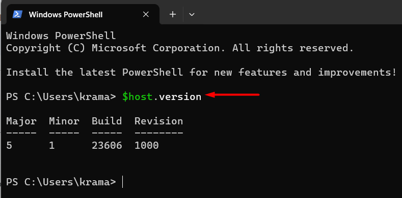 "$host.version" command in a PowerShell window.