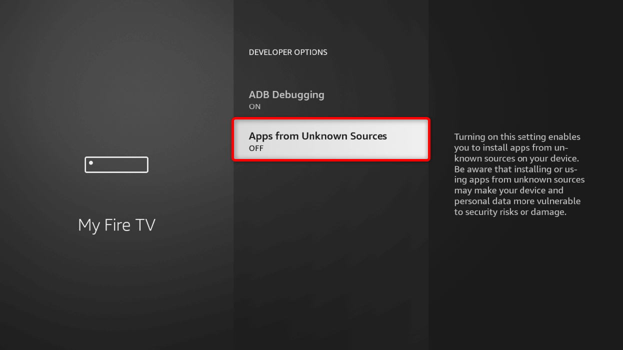 "Apps from Unknown Sources" highlighted in Fire TV Stick Settings.