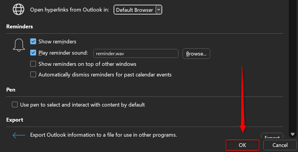 "OK" highlighted on the "Outlook Options" window.