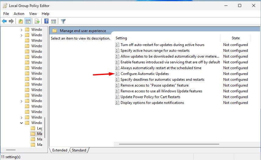 "Configure Automatic Updates" highlighted in Local Group Policy Editor.