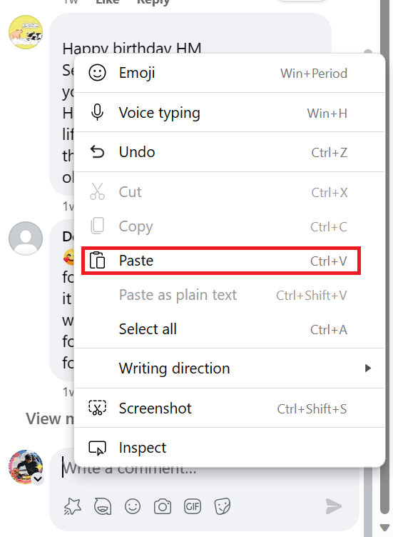 "Paste" highlighted for a comment field on Facebook.