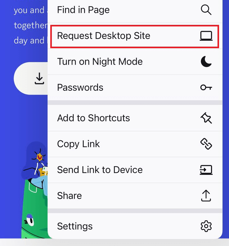 "Request Desktop Site" highlighted in Firefox for iPhone's menu.