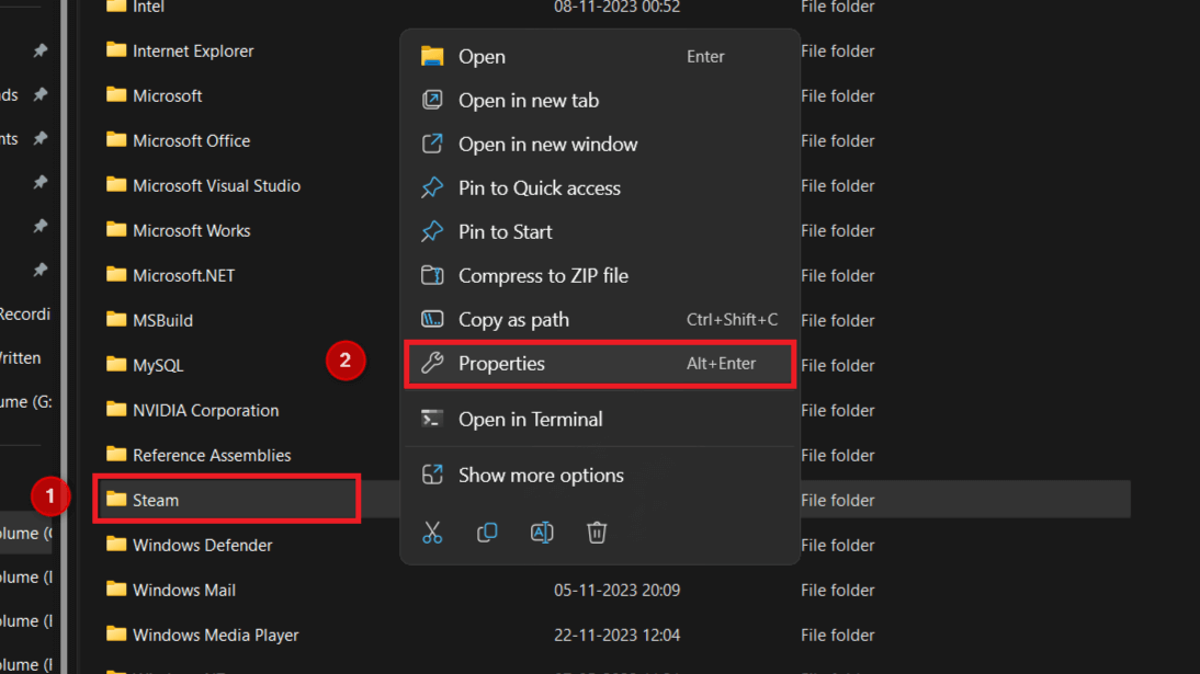 "Steam" and "Properties" highlighted in File Explorer.