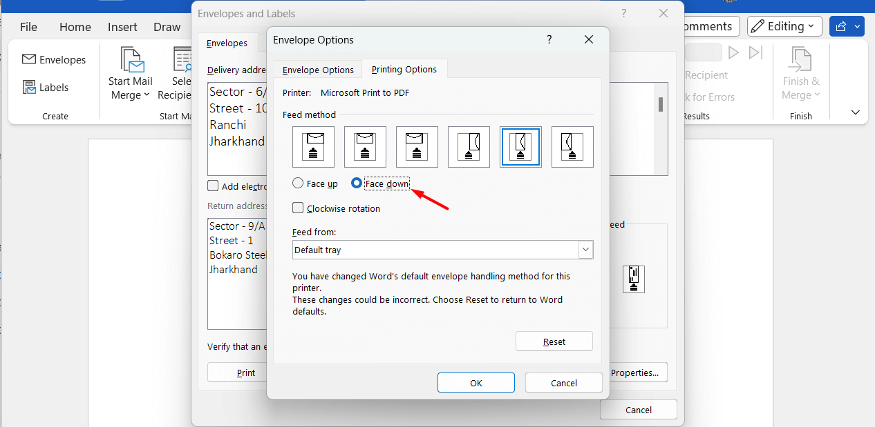 "Face down" highlighted on the "Envelope Options" window.