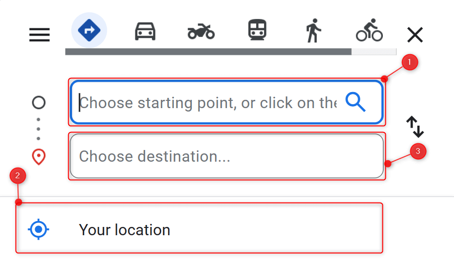 Starting and end point fields highlighted on Google Maps.
