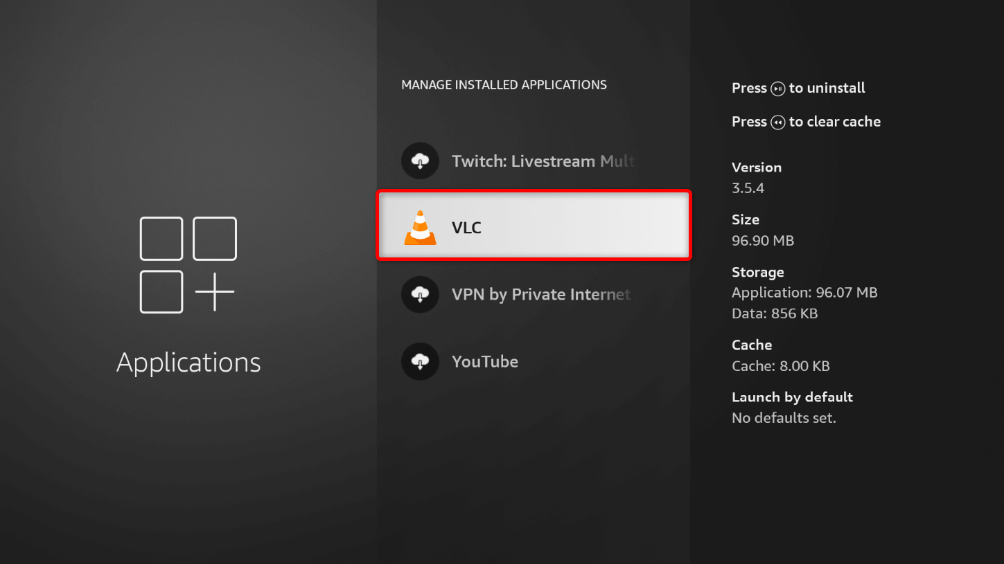 VLC highlighted in the "Manage Installed Applications" menu.