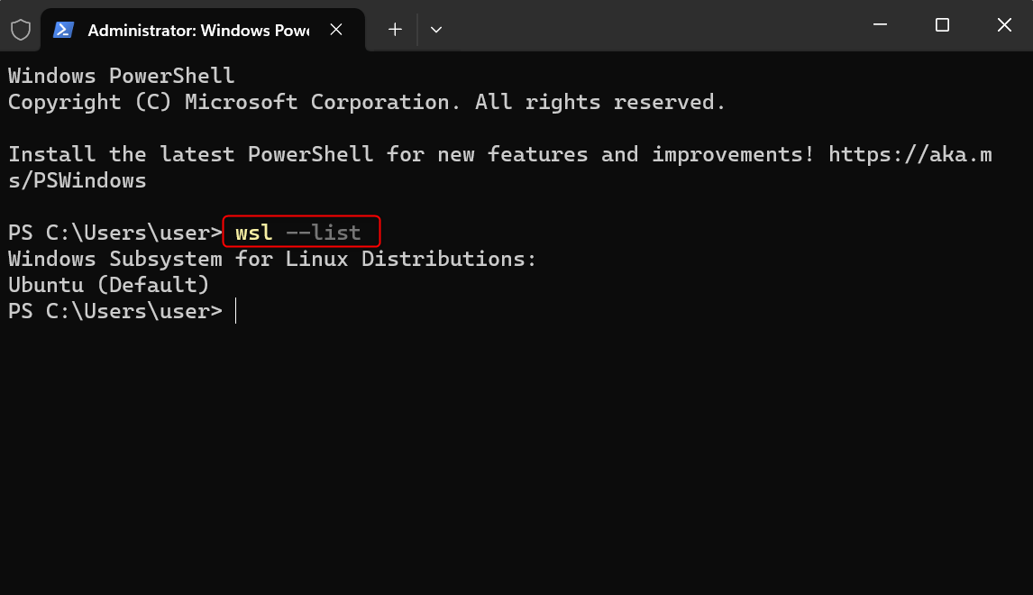 "wsl --list" command in PowerShell.