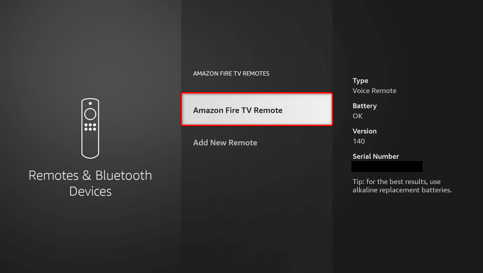 "Amazon Fire TV Remote" highlighted in Fire TV Settings.