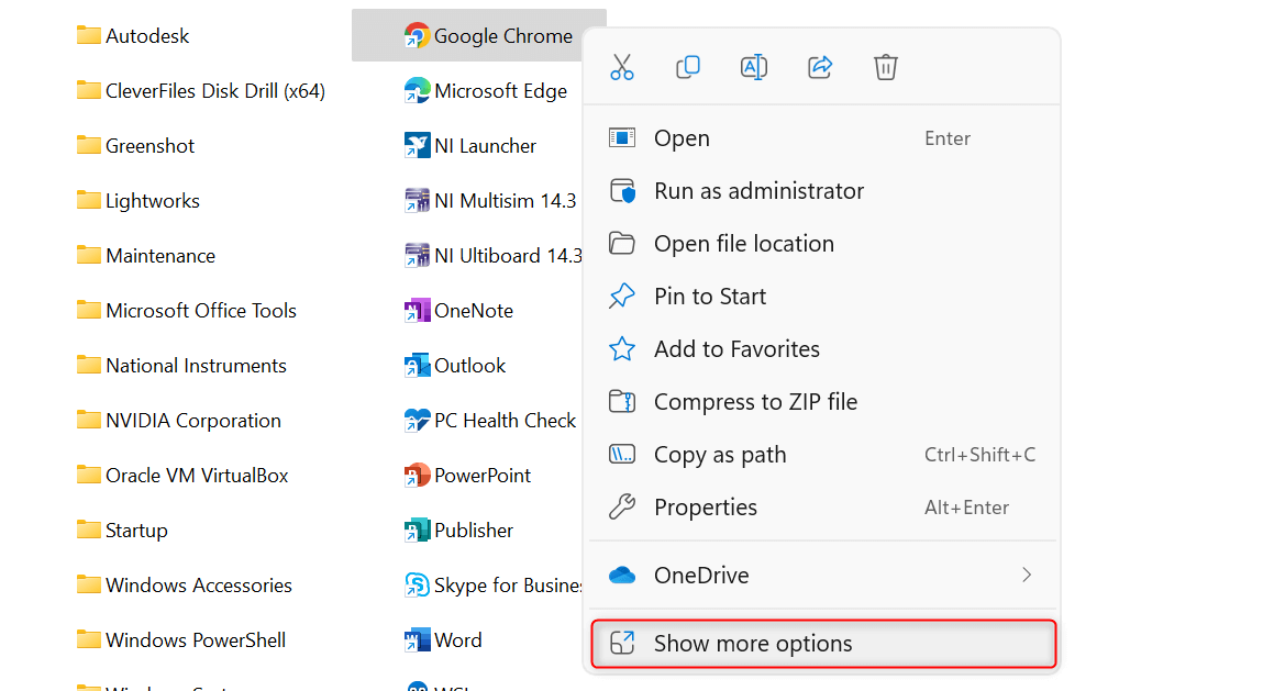 "Show more options" highlighted for Google Chrome in File Explorer.