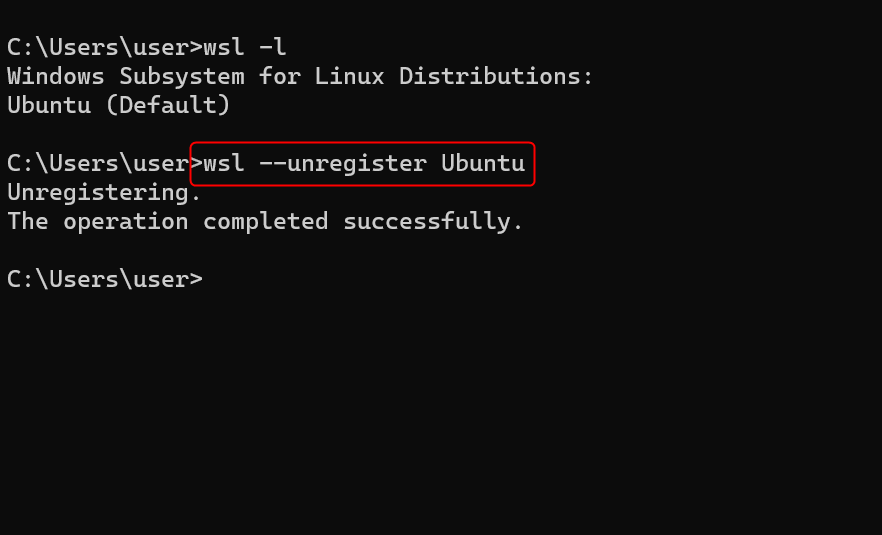 "wsl --unregister Ubuntu" command in Command Prompt.