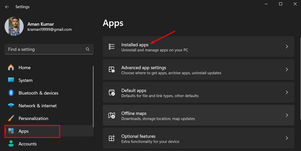 "Apps" and "Installed apps" highlighted in Windows 11 Settings.