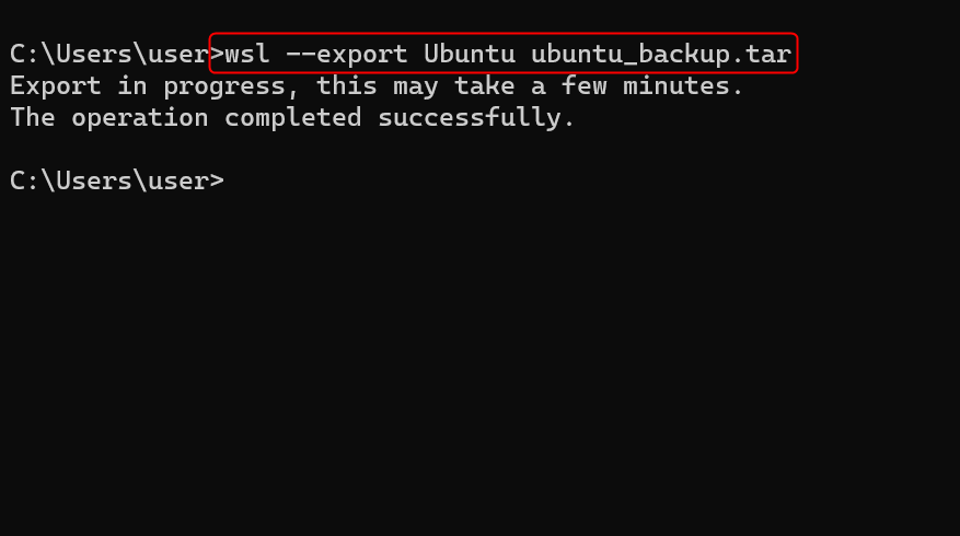 "wsl --export" command in Command Prompt.