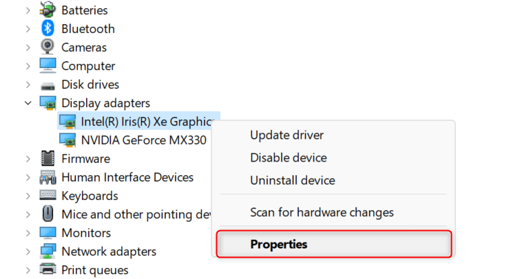 "Properties" highlighted for a device in Device Manager.
