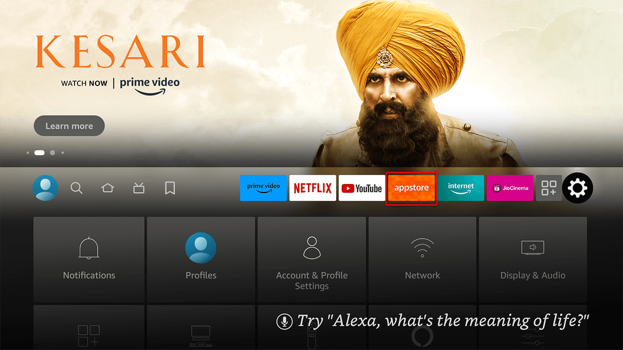"Appstore" highlighted on Fire TV Stick's Home screen.