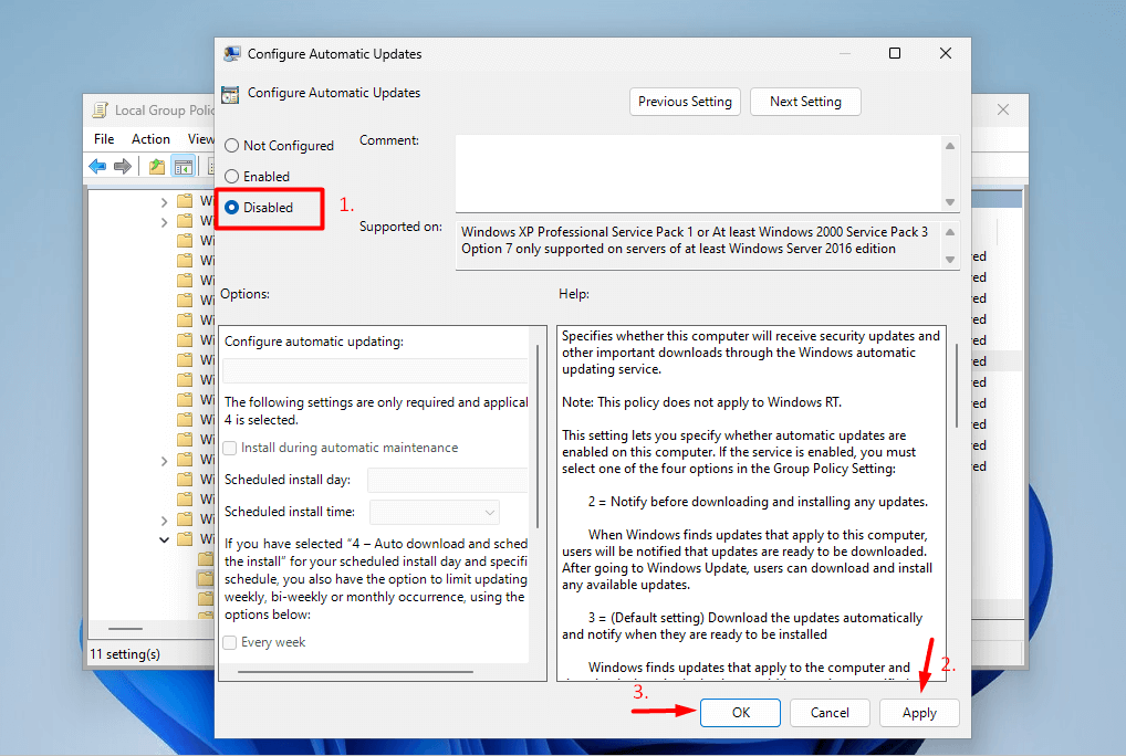 "Disabled," "OK," and "Apply" highlighted on "Configure Automatic Updates" window.