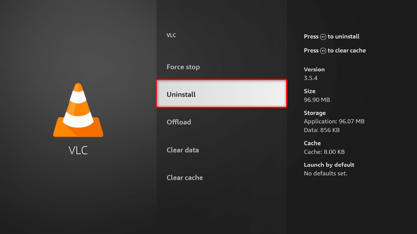 "Uninstall" highlighted for VLC.