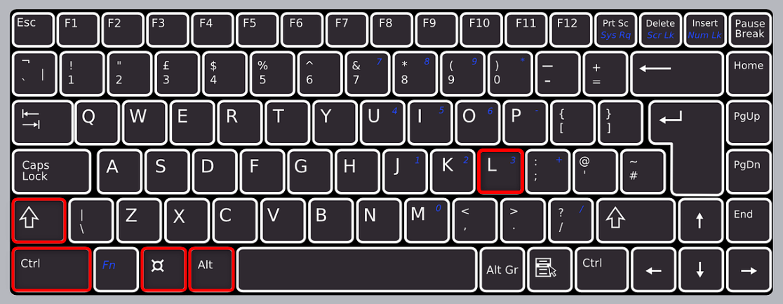 Ctrl, Shift, Alt, Windows, and L keys highlighted on a keyboard.